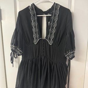 ASOS DESIGN embroidered collar mini dress with tie sleeve in black